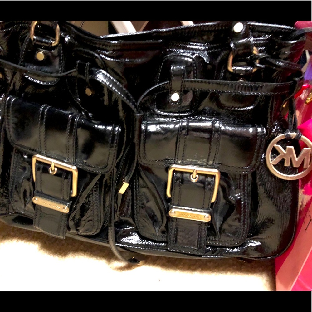 Micheal Kors black leather patent shoulder bag